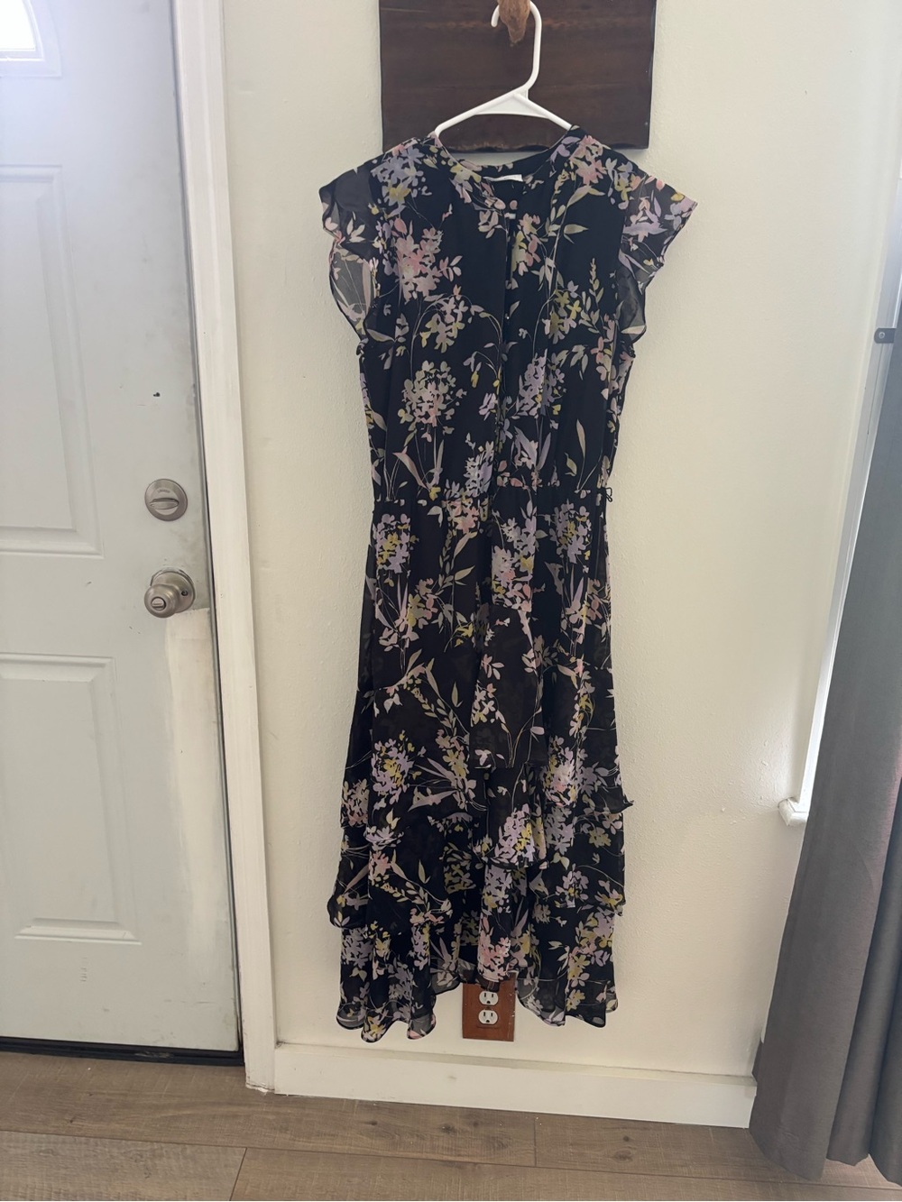 Calvin Klein Black Floral Midi Dress with Lavender & Cream Accents
